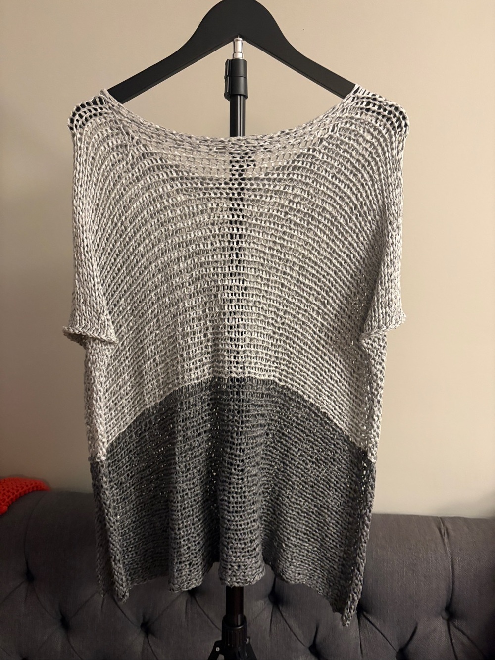 Eileen Fisher Two-Tone Open Knit Sweater in Light Gray and Charcoal